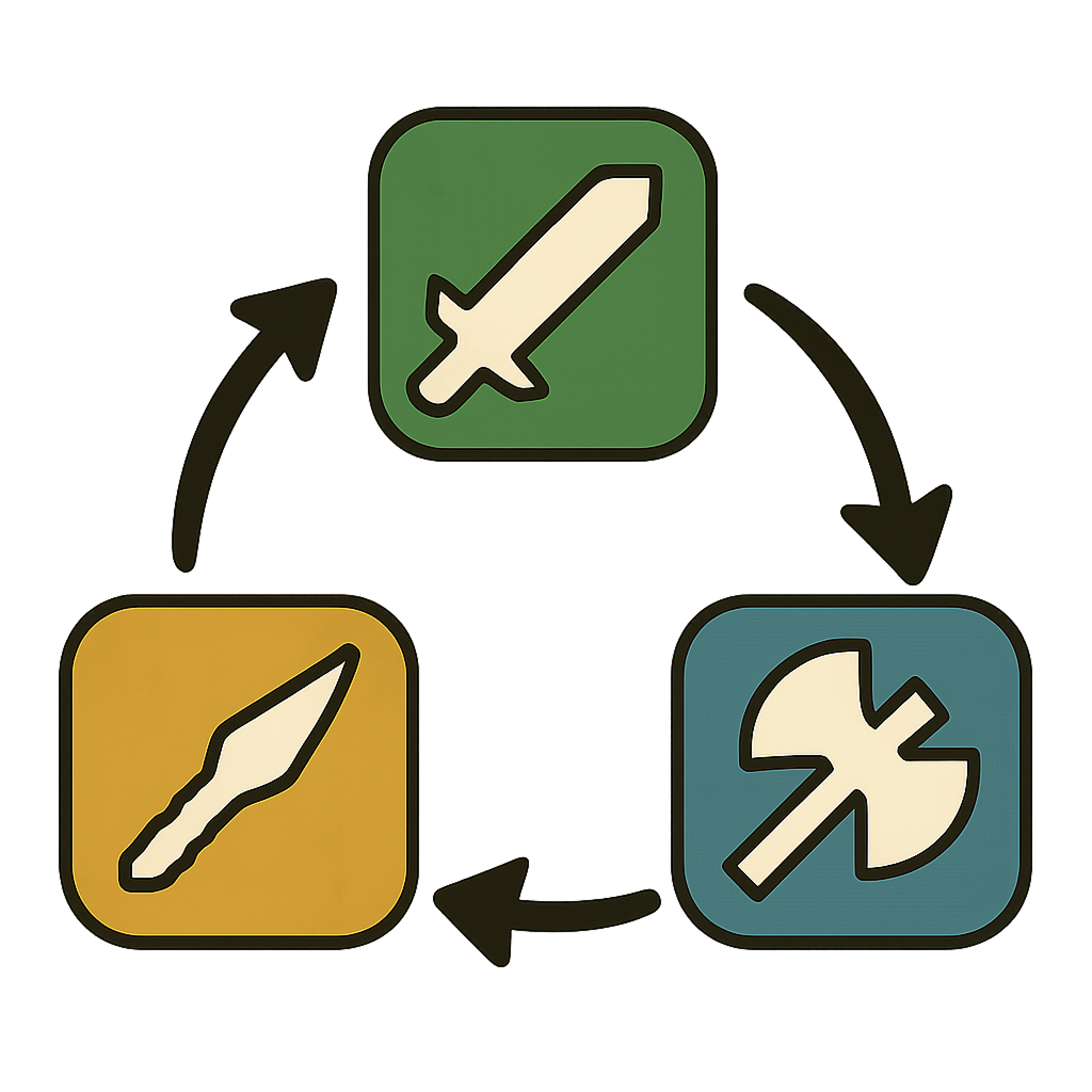 Lane Wars counter cycle showing swords, spears and axes