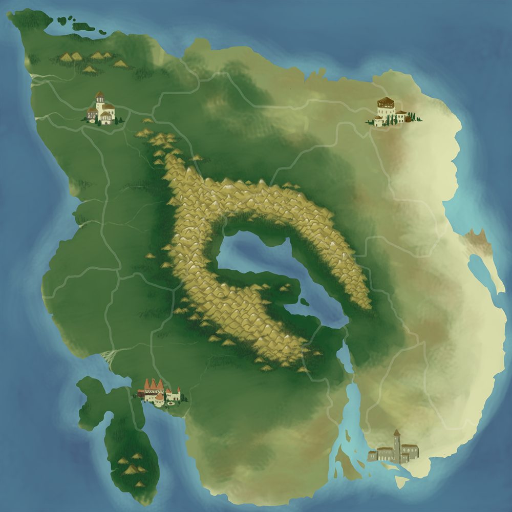 Illustrated Lane Wars world map with coasts, roads, mountains and settlements